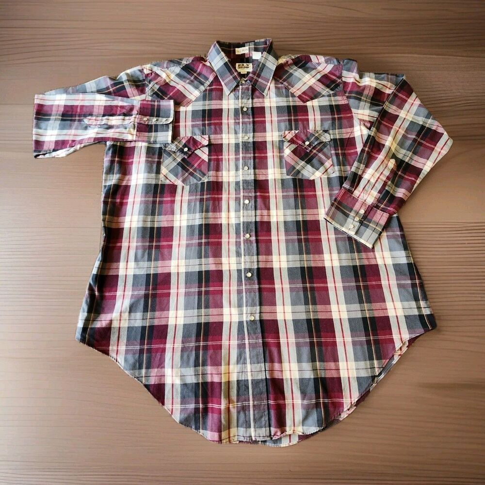 90s Ely Cattleman Tall Man Western Plaid Pearl Snap Long Sleeve Shirt 2XLT - Picture 2 of 9